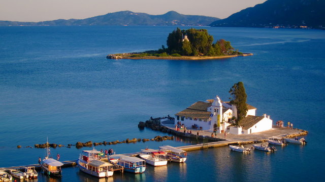 Time-lapse: view of of Vlacherna monastery before sunset, Corfu