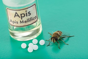 Apis Mellifica homeopathic pills, poison and bee - obrazy, fototapety, plakaty