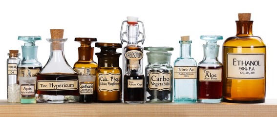 Various pharmacy bottles of homeopathic medicine - obrazy, fototapety, plakaty