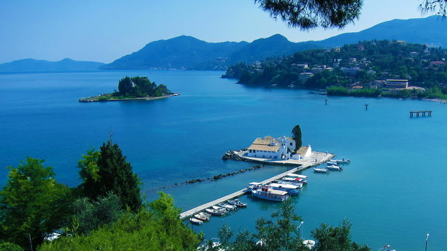 Time-lapse: aerial view of Vlacherna monastery at day, Corfu