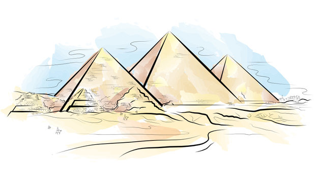 Vector drawing color piramids and desert in Giza, Egypt