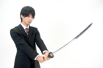 a businessman with samurai sword