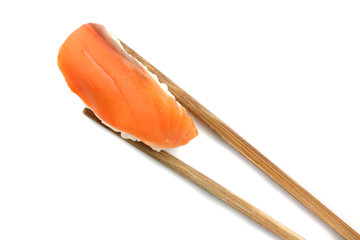 Salmon Sushi with chopsticks isolated on white background