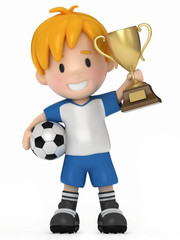 3D Render of Kid with Soccer ball and Trophy