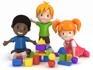 3D Render of kids Playing Building Blocks © Gouraud Studio