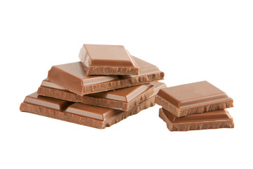 Slices of chocolate on white background