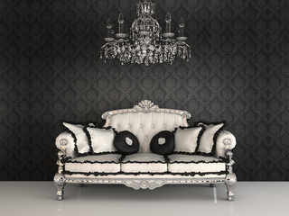 Royal sofa with pillows and chandelier in luxurious interior wit