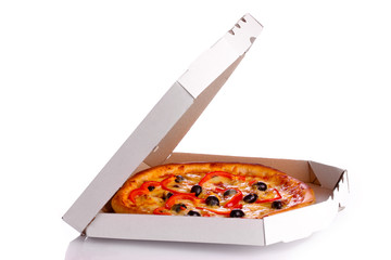 pizza in box isolated on white