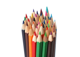 Many color pencils on a white background
