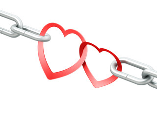 Steel chain with two joined red hearts