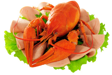 Red crayfish on saucer.