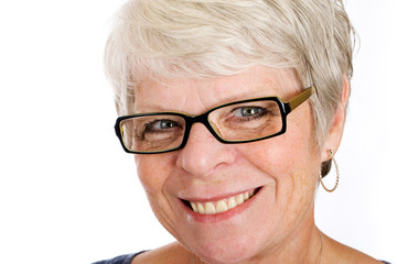 Happy, mature woman with glasses