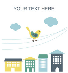 Bird witting on power line over the town