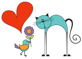 Bird with a flower in love with a surprised big cat