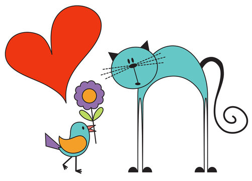 Bird with a flower in love with a surprised big cat