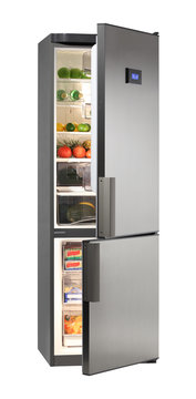 Two door INOX refrigerator with LCD  isolated on white