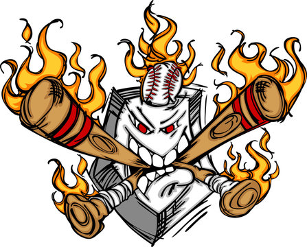 Softball Baseball Plate and Bats Flaming Cartoon Logo