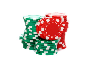 Poker chips stacked on a white background.