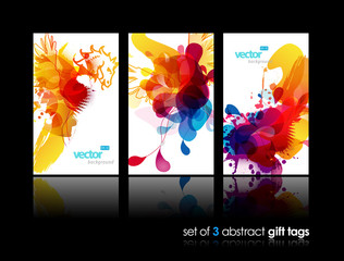 Set of abstract colorful splash gift cards with reflection.
