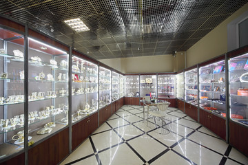 Showcases with expensive jewelry in store