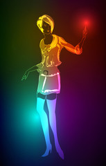 Hand-drawn fashion model from a neon. Vector illustration. A lig