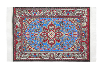 One oriental red-blue carpet horizontally lies on  white