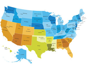 USA states map with names of cities