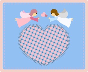 Two angels and patchwork heart on blue background