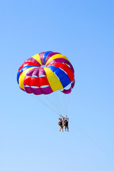 The family flies on a parachute