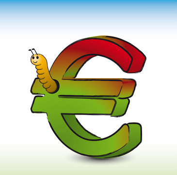 Wormy Euro. Cartoon of an Euro symbol being eaten by a worm. Illustration on white background. Vector.