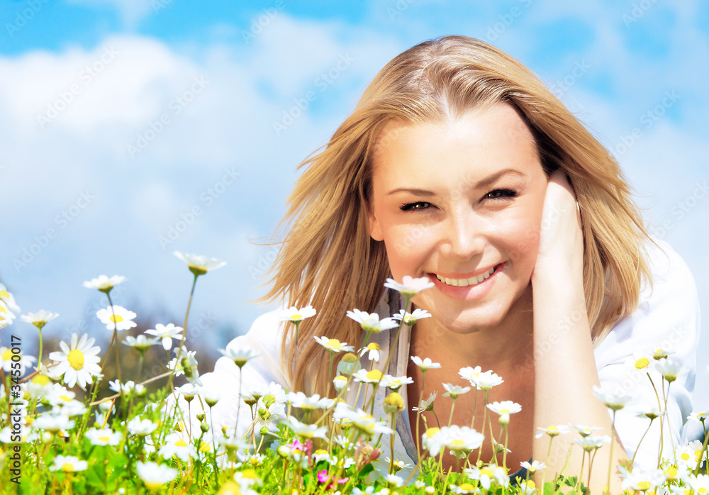 Canvas Prints Happy girl enjoying daisy flower field