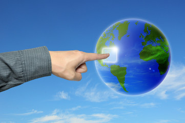 businessman hand to world