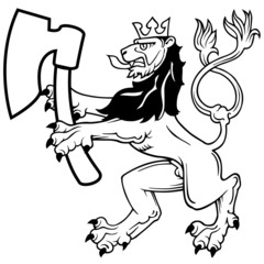 Heraldic Lion with Axe - black and white illustration