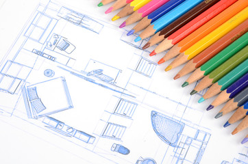 Naklejka na ściany i meble Color pencils and house blueprint