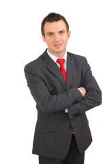 Portrait of cheerful businessman in black suite.