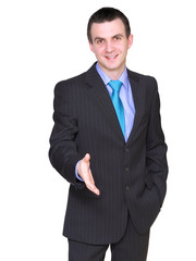 Cheerful businessman ready for handshake. Isolated