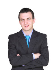 Portrait of cheerful businessman in black suite.