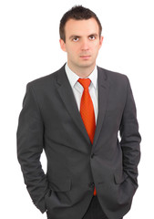 Portrait of cheerful businessman in black suite.