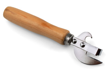 Can and bottle opener with wooden handle