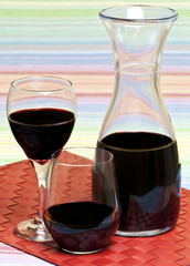 carafe and glasses with red wine