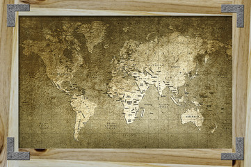 World map with wood frame