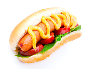 Hot dog with vegetables on a white background