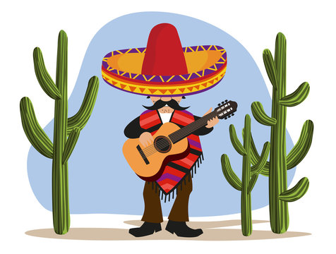 mexican musician playing guitar with cactus clip art preview