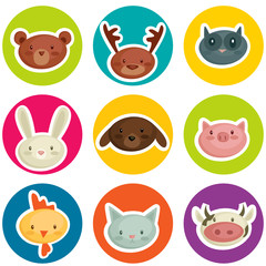 cartoon animal head stickers, vector illustration