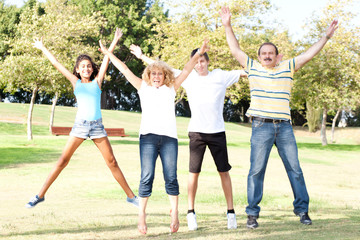 Obraz premium Family jumping with wide-spread raised arms