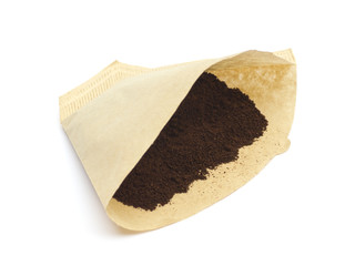 Coffee filter with powder isolated on white