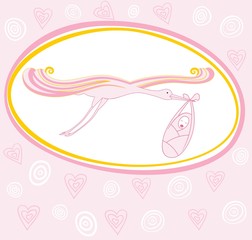Baby girl arrival announcement card.  Stork and baby.