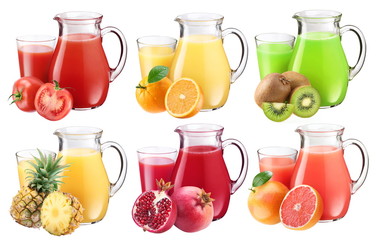 Collection of fresh juices in pitchers.