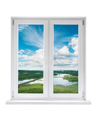 White plastic double door window with view to tranquil landscape