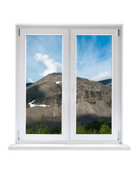 White plastic double door window with view to tranquil landscape